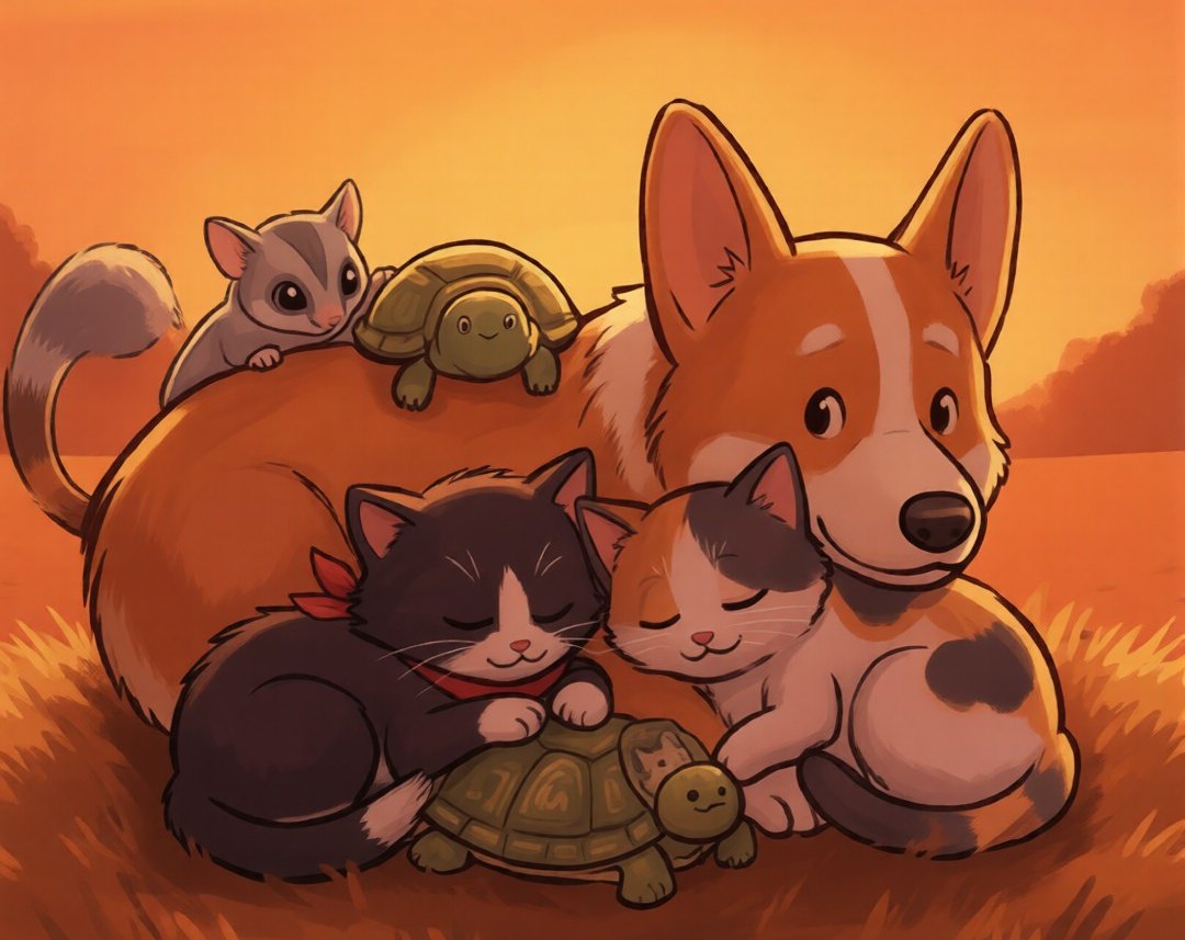 The pets, dozing in a pile at golden hour